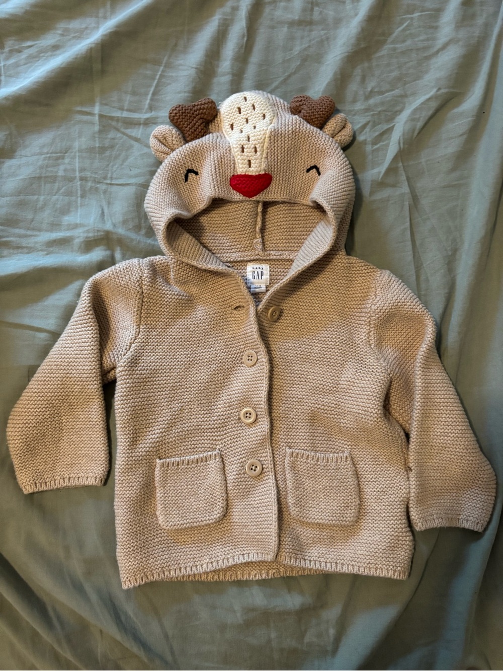 GAP Beige Knit Kids Hooded Cardigan with Reindeer Face